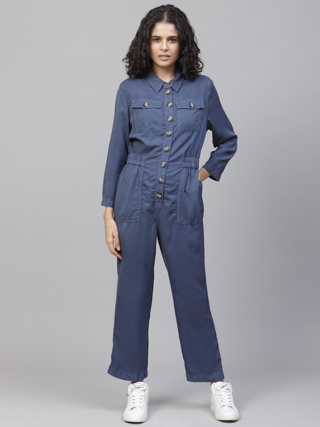 Marks & Spencer Women Blue Solid Basic Jumpsuit Price in India