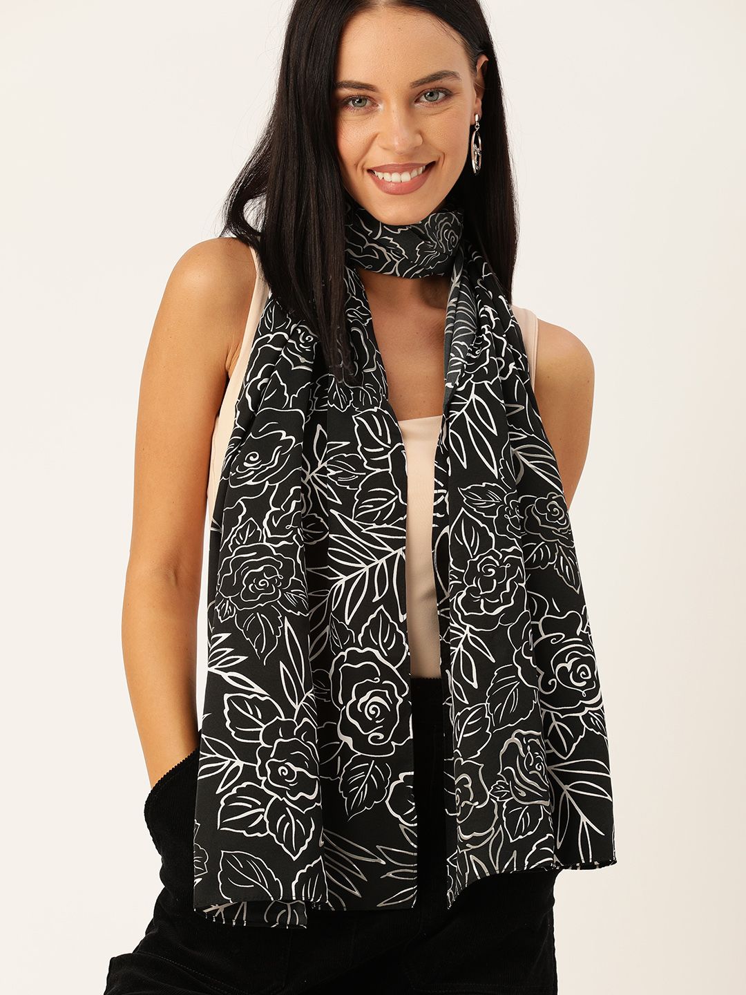 DressBerry Women Black & White Floral Printed Scarf Price in India