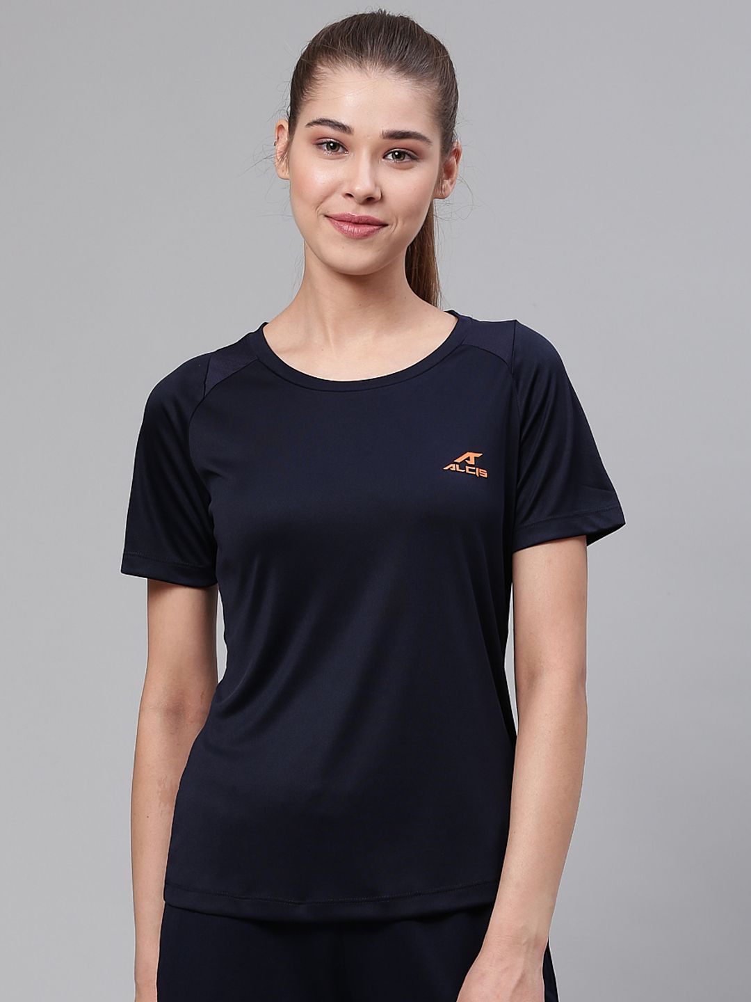 Alcis Women Navy Blue Solid Round Neck VIROPROTKT Training T-shirt Price in India