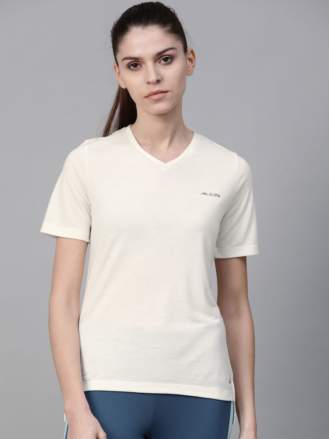 Alcis Women Off-White Solid V-Neck High-Low Training T-shirt Price in India