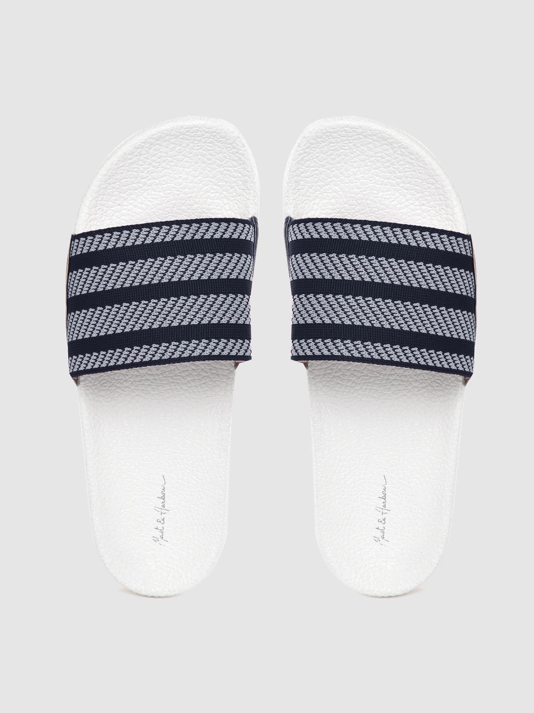 Mast & Harbour Women Navy Blue & White Self-Striped Sliders Price in India