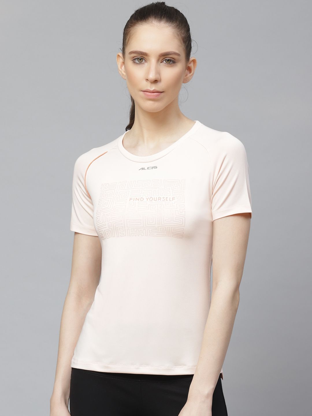 Alcis Women Peach-Coloured Slim Fit Printed Anti-Viral Training T-shirt Price in India