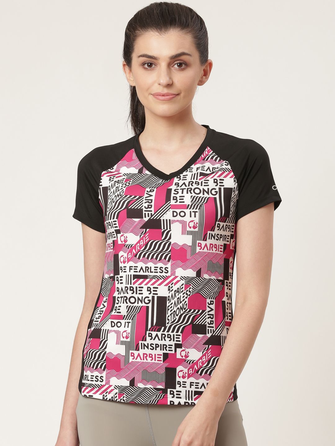 toothless Women Black & Pink Printed Barbie V-Neck T-shirt Price in India