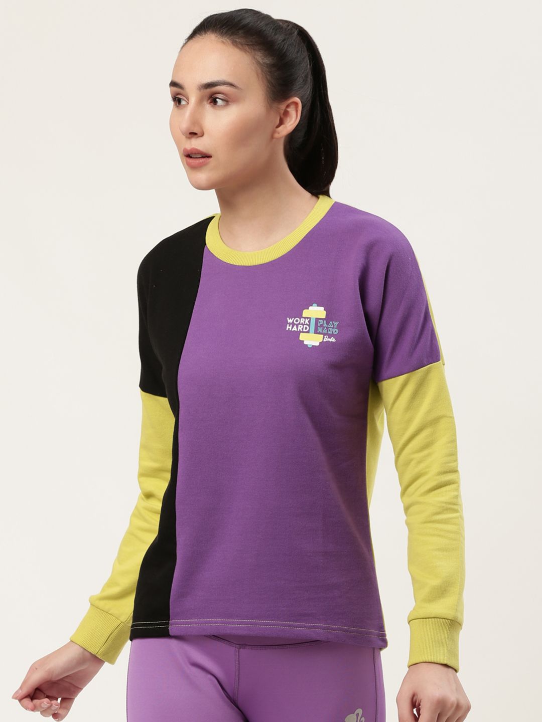 toothless Women Purple & Black Barbie Colourblocked Sweatshirt Price in India