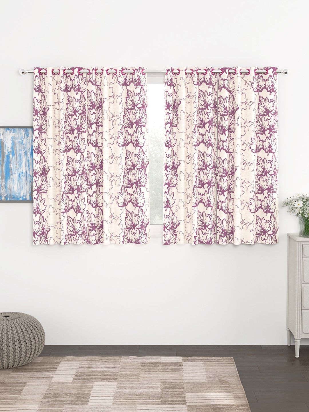 Story@home Cream-Coloured & Lavender Set of 4 300GSM Semi Blackout Jacquard Eyelet Ringtop Window Curtains Price in India