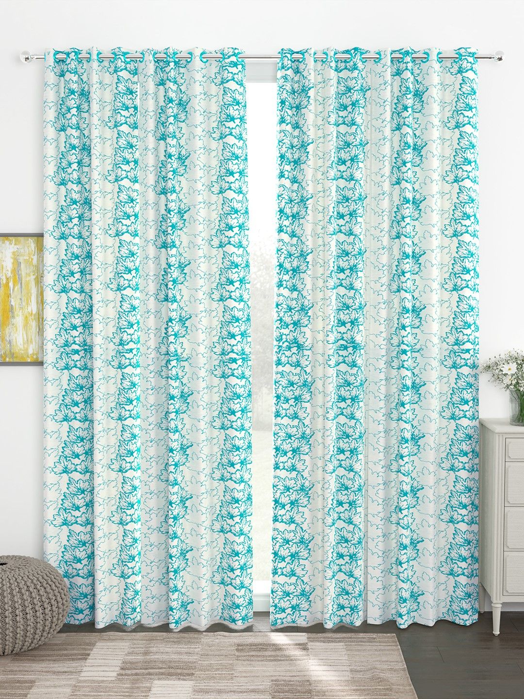 Story@home Turquoise Blue & White Set of 4 300GSM Semi Blackout Jacquard Eyelet Ringtop Door Curtains Price in India