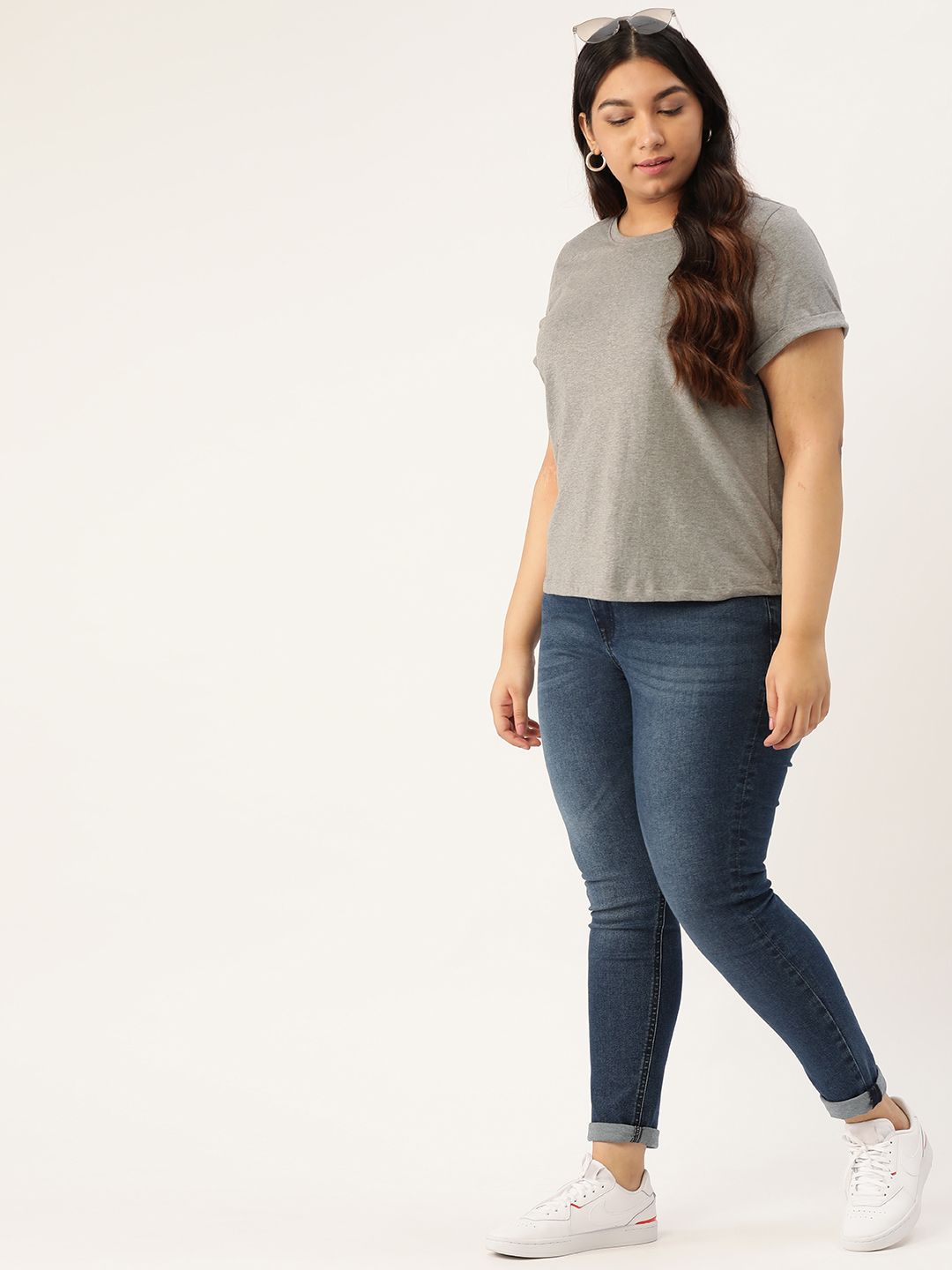 Sztori Plus Size Women Grey Melange Solid Round Neck T-shirt
