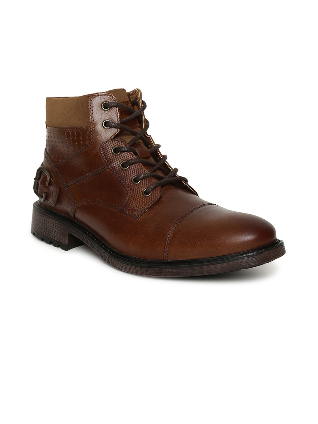 Red Tape Men Brown Solid Leather Mid-Top Flat Boots