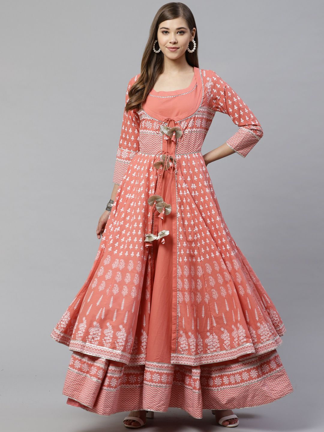 Divena Women Peach-Coloured & White Printed Anarkali Kurta with Ethnic Jacket Price in India