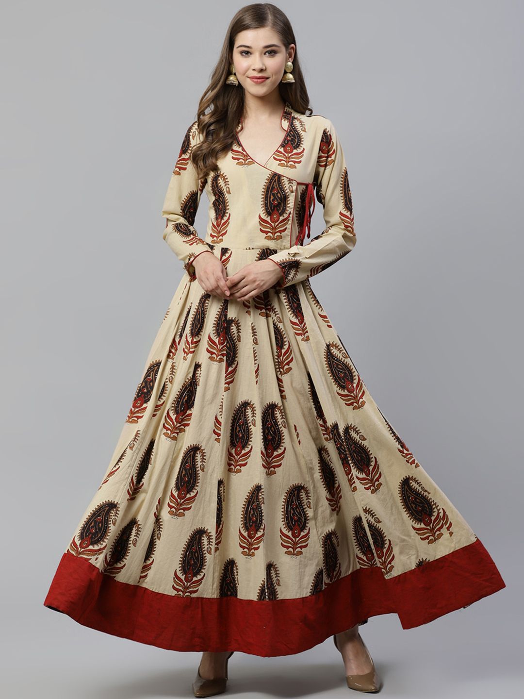 Divena Women Cream-Coloured & Black Printed Angrakha Anarkali Kurta Price in India