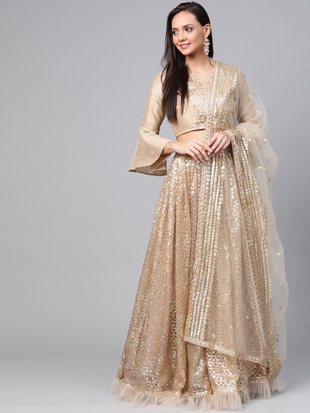 SHOPGARB Golden Sequined Semi-Stitched Lehenga & Unstitched Blouse with Dupatta Price in India