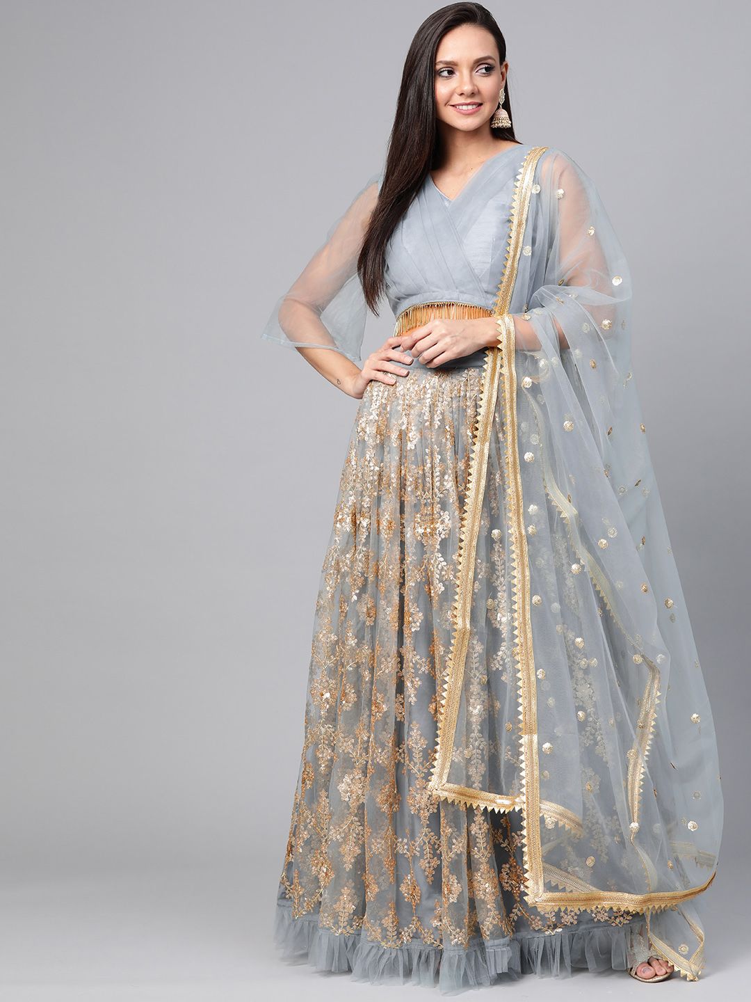 SHOPGARB Grey & Golden Semi-Stitched Embellished Lehenga & Unstitched Blouse with Dupatta Price in India