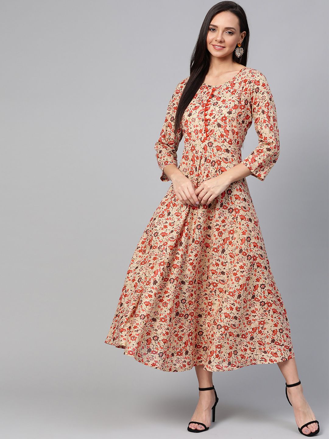 Jompers Women Beige & Red Printed Maxi Dress Price in India