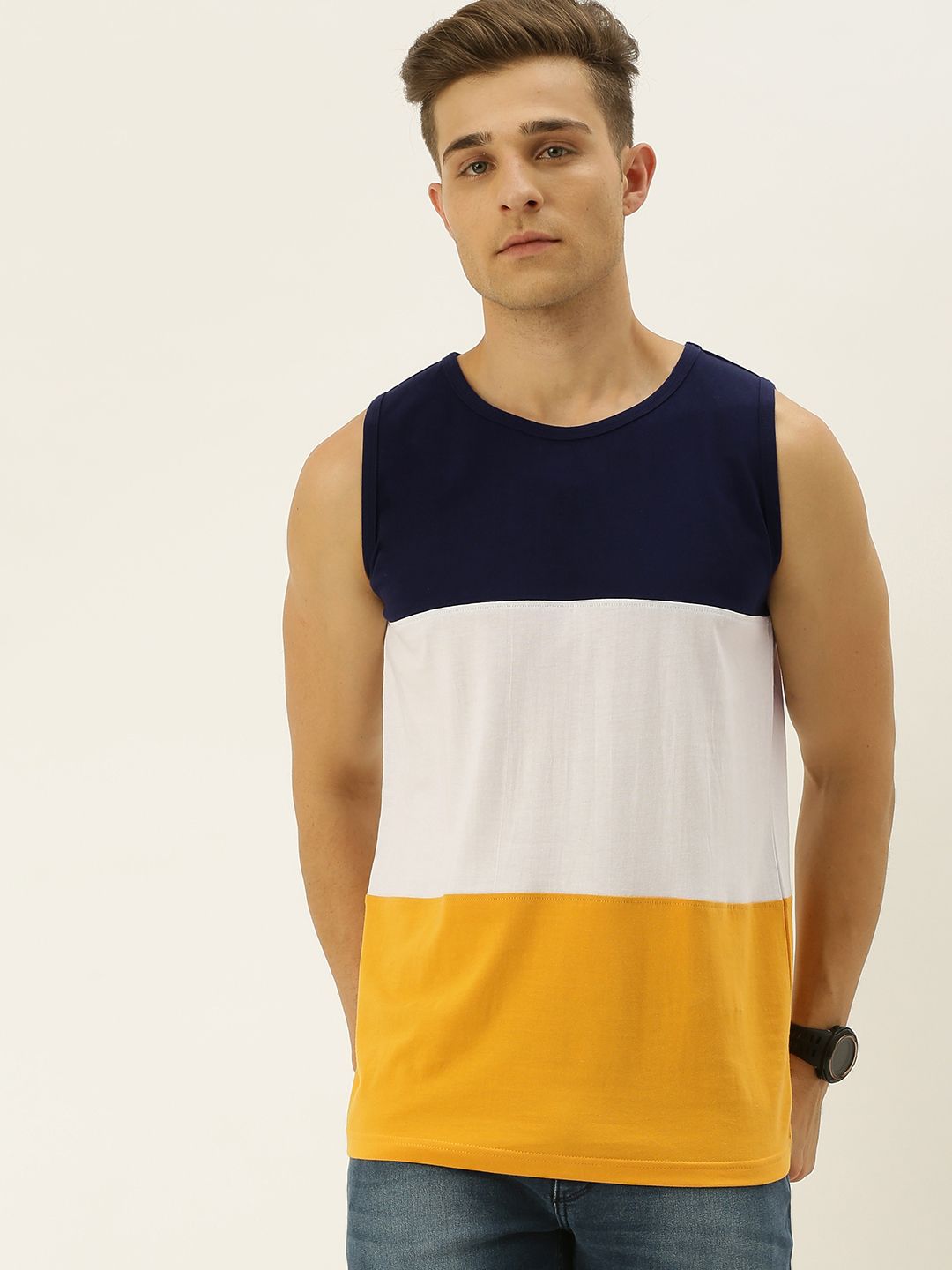 VEIRDO Men Navy Blue & White Colourblocked Round Neck T-shirt