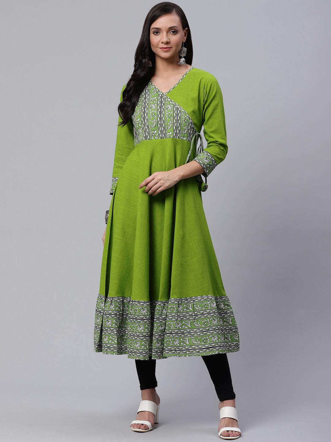 YASH GALLERY Women Green & White Kalamkari Yoke Design Angrakha Anarkali Kurta Price in India