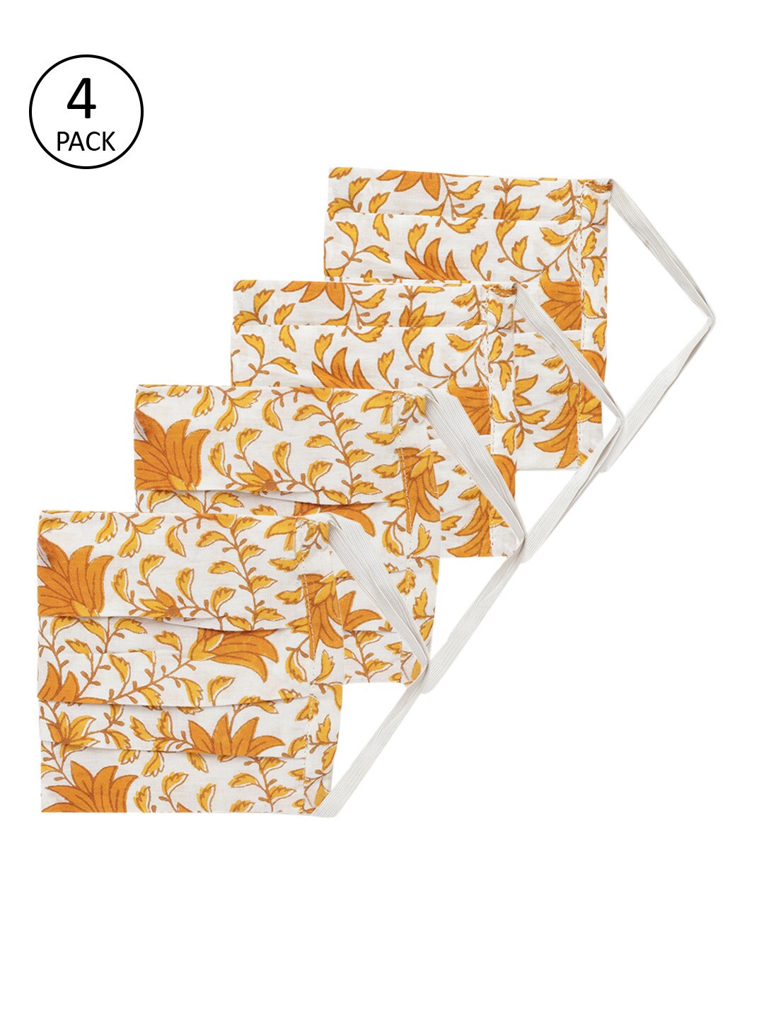 InWeave Women 4 Pcs Mustard Yellow & White Floral Print 2-Ply Reusable Outdoor Cloth Masks Price in India
