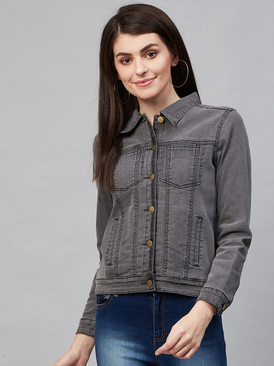 Hubberholme Women Charcoal Grey Solid Denim Jacket Price in India