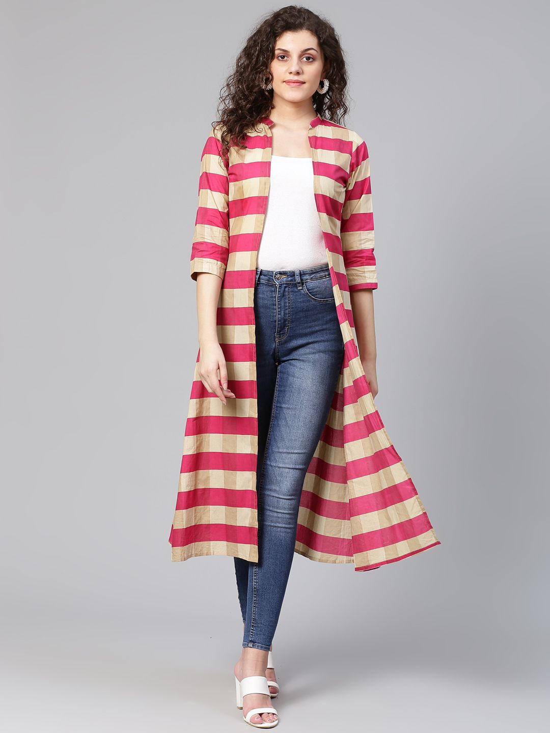 Meeranshi Women Pink & Beige Striped Open Front Longline Shrug Price in India