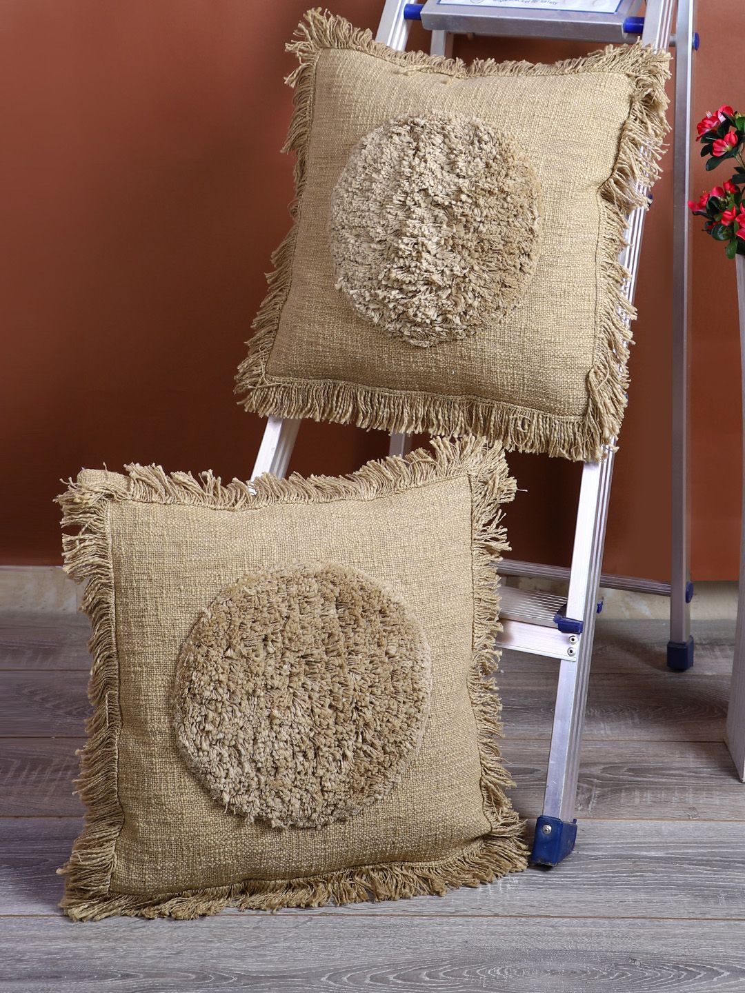 eyda Khaki Set of 2 Embellished Square Cushion Covers Price in India