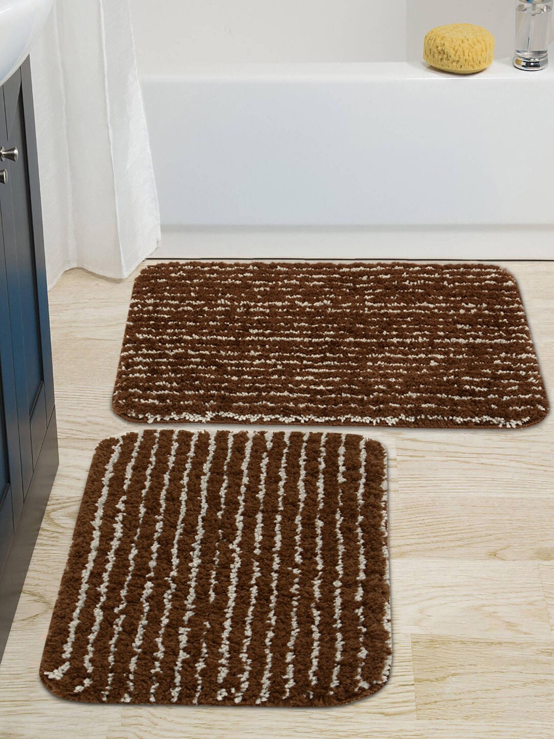 Saral Home Set Of 2 Brown & Grey Striped Furry Soft Microfiber Anti-Skid Bathmat Price in India