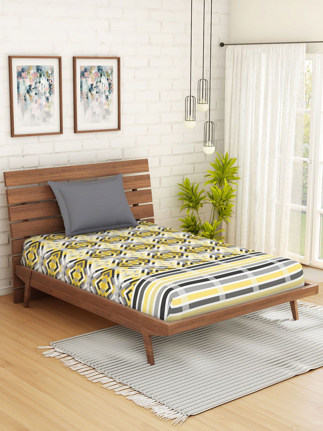 SPACES Yellow & Grey Geometric 144 TC Cotton 1 Single Bedsheet with 1 Pillow Covers Price in India