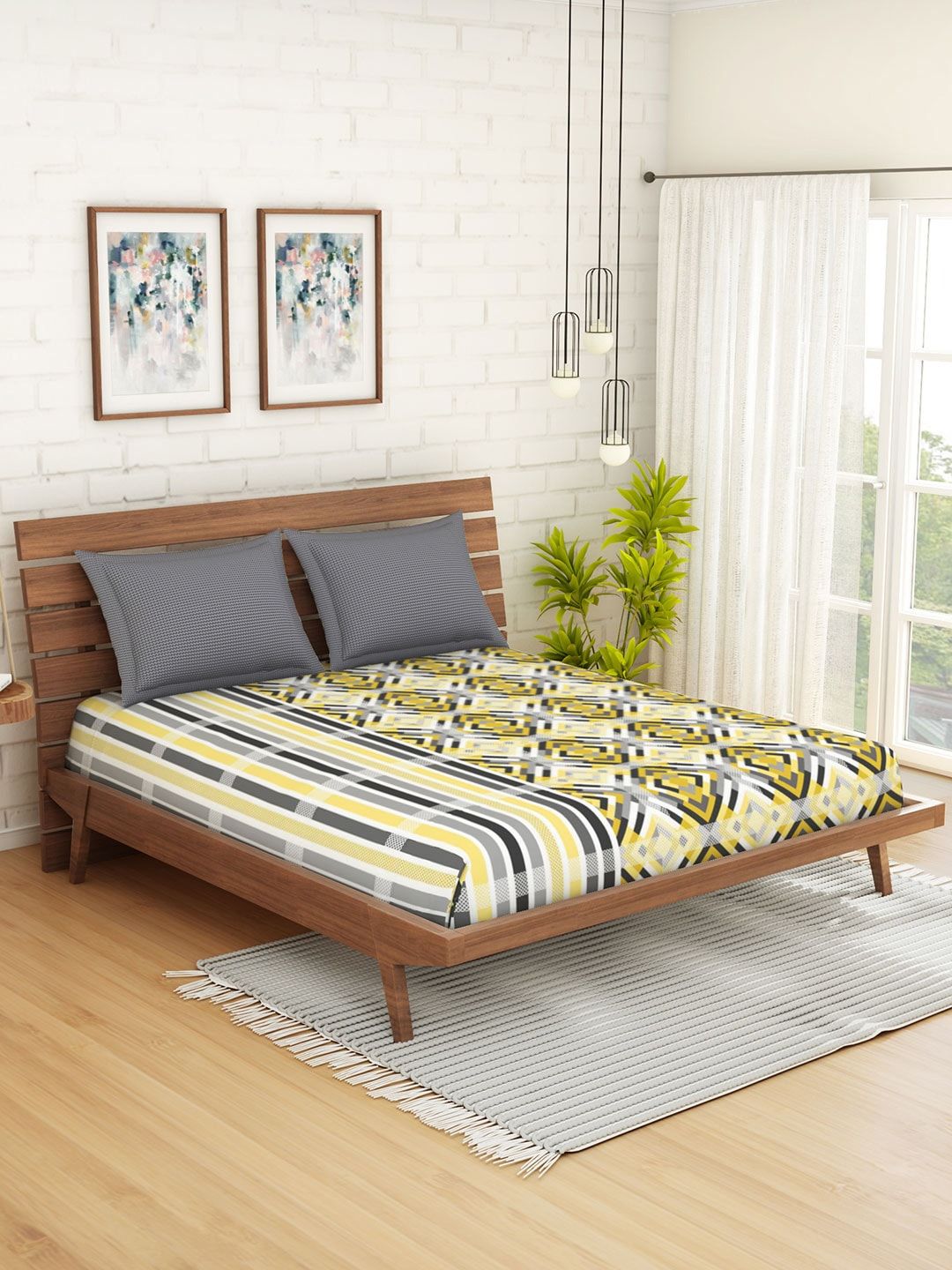 SPACES Grey & Yellow Abstract 144 TC Cotton 1 Queen Bedsheet with 2 Pillow Covers Price in India