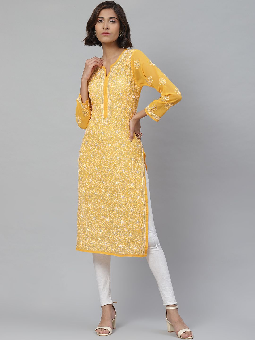 ADA Women Yellow & White Chikankari Embroidered Straight Kurta