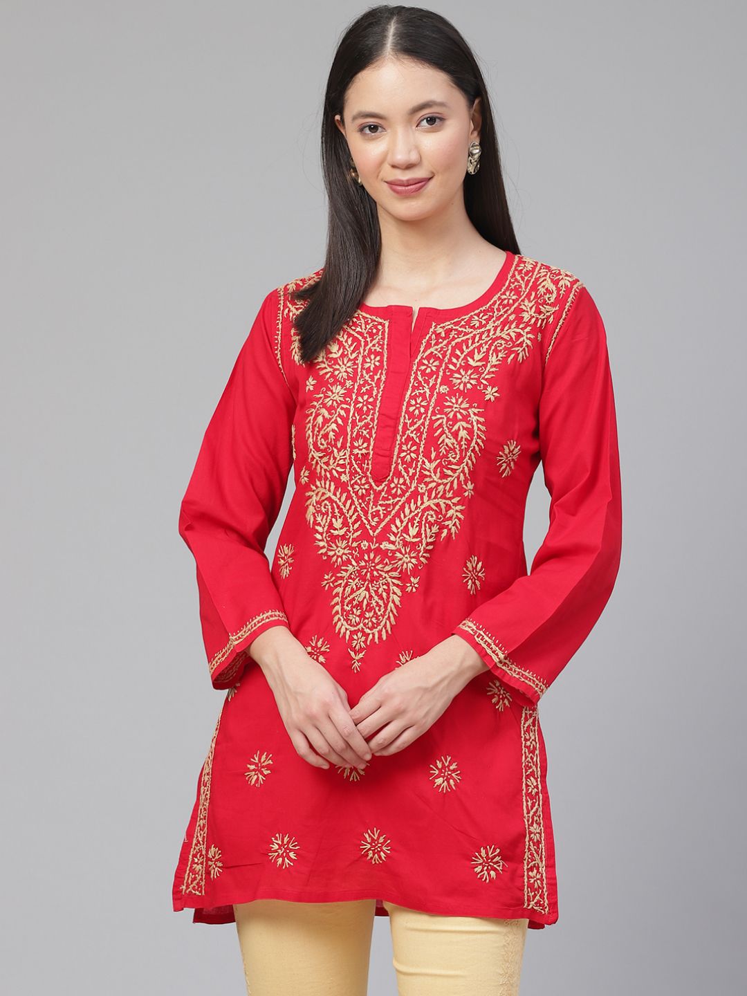 ADA Women Red & Beige Chikankari Embroidered Pure Cotton Straight Sustainable Kurti