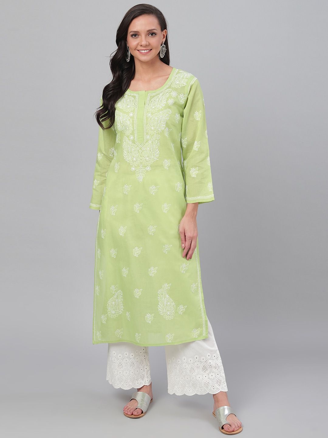 ADA Women Green & White Chikankari Hand Embroidered Straight Kurta