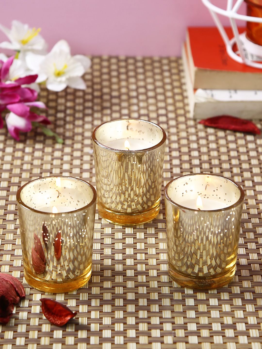 HOSLEY Set Of 3 Gold-Toned Glass Candles Price in India