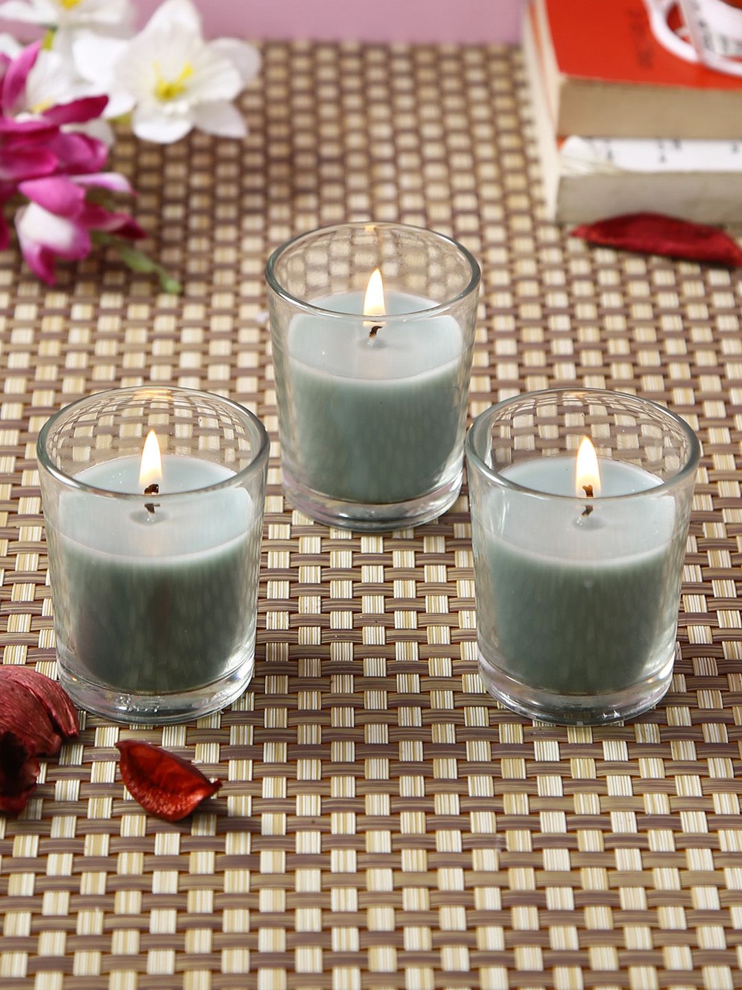 HOSLEY Set Of 3 Green Solid Highly Fragranced Eucalyptus Mint Filled Glass Candles Price in India