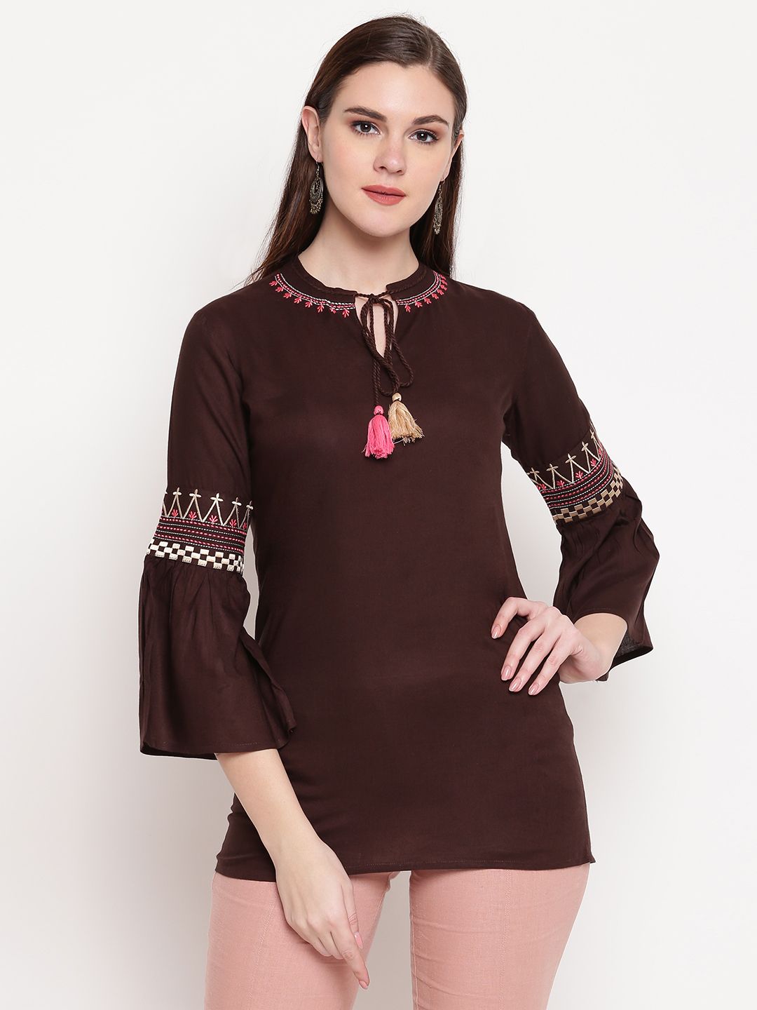 Vbuyz Women Brown Embroidered Tunic with Tie Up Neck Price in India