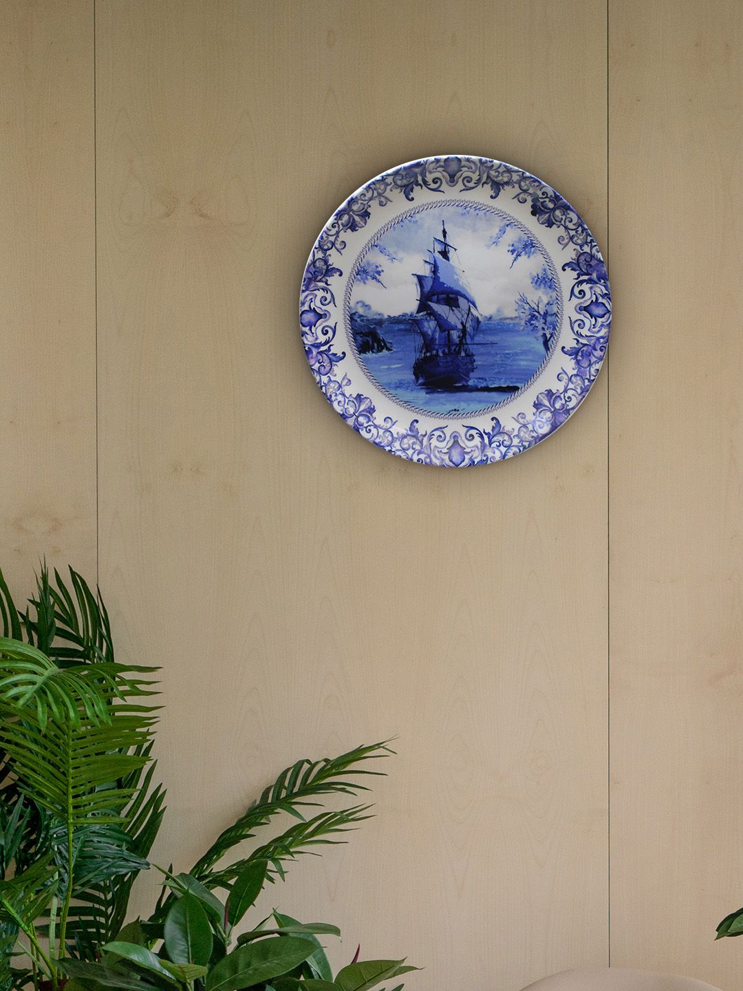 KOLOROBIA Blue & White Delftware Dutch Blue Pottery Ship Inspired Decorative Wall Plate Price in India