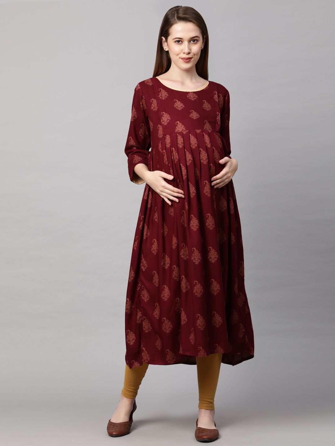MomToBe Women Red & Gold-Toned Printed A-Line Maternity Kurta Price in India