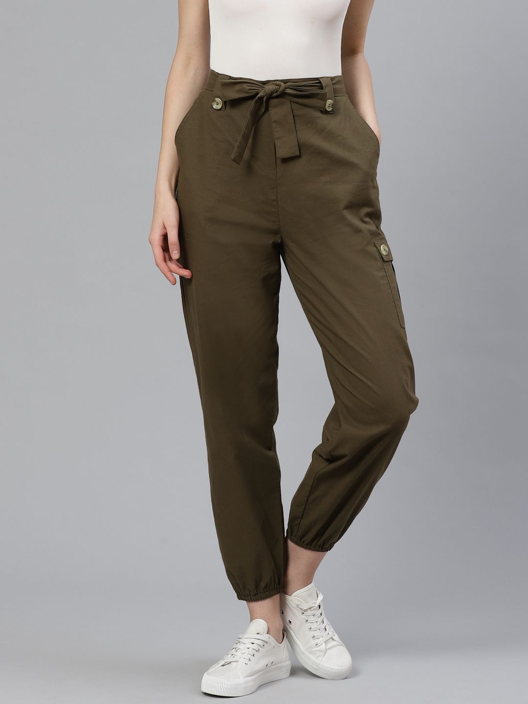 Orchid Blues Women Olive Green Loose Fit Pure Cotton Joggers Price in India