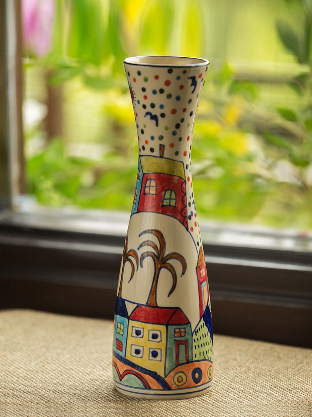 ExclusiveLane Beige & Red The Hut Long-Neck Hand-Painted Ceramic Vase Price in India