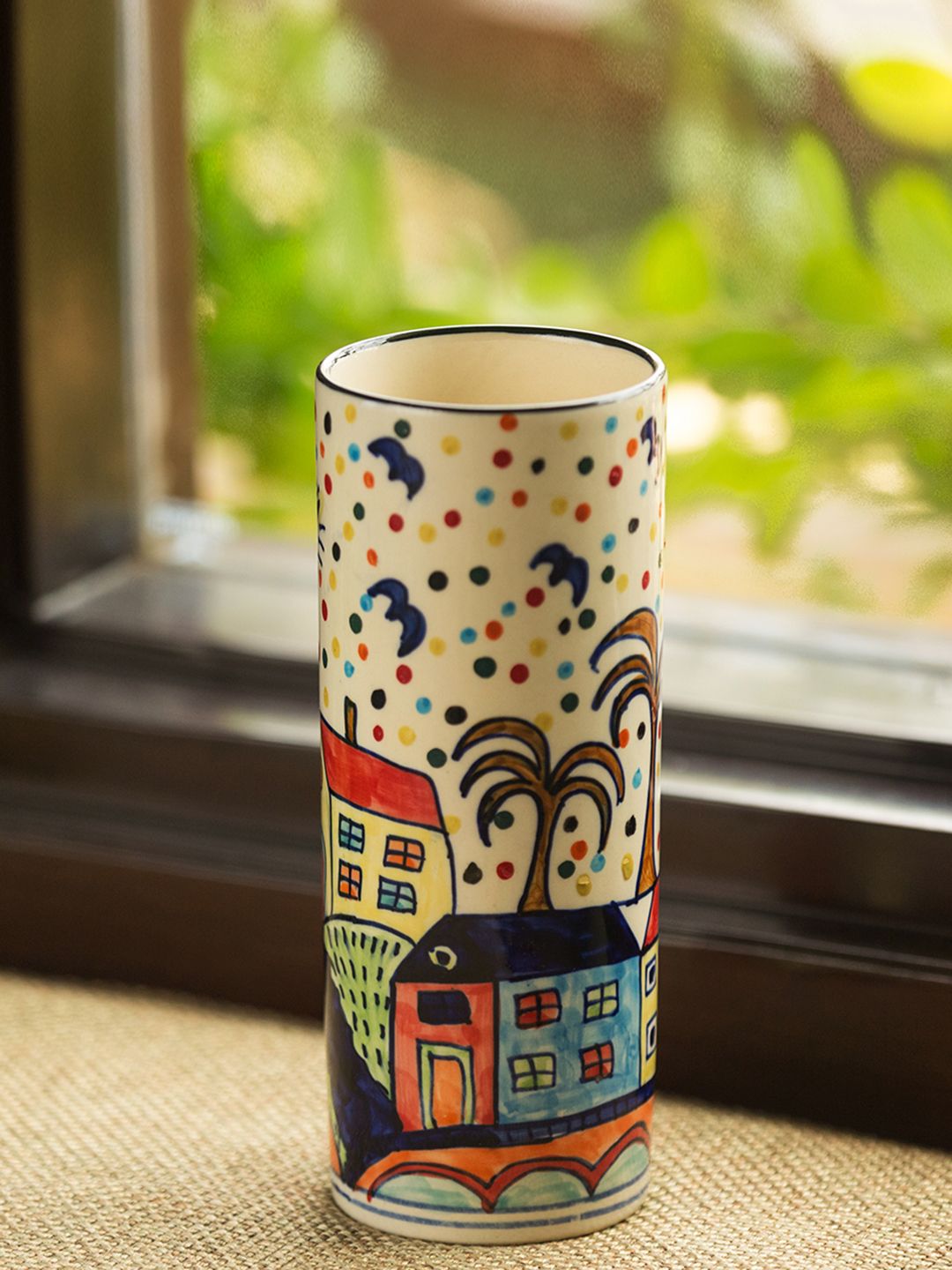 ExclusiveLane Cream-Coloured & Blue The Hut Straight Hand-Painted Ceramic Vase Price in India