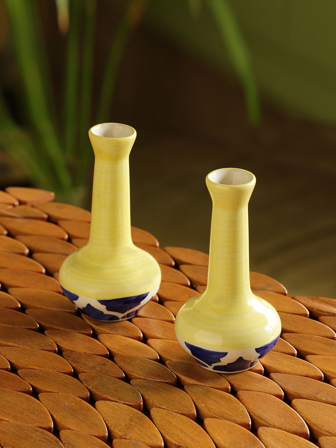 ExclusiveLane Set Of 2 Blue & Yellow The Long-Neck Hand-Painted Ceramic Vases Price in India