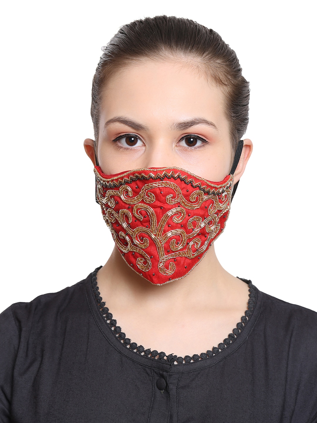 Anekaant Women Red & Gold-Toned Embellished 3-Ply Reusable Mask Price in India