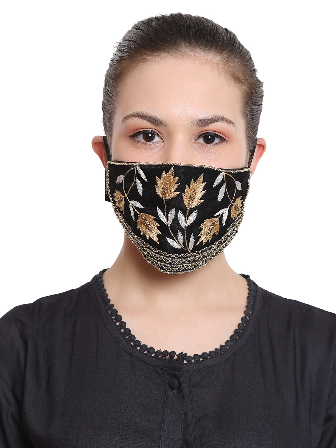 Anekaant 3-Ply Reusable Black & Multi Art Silk Embroidered Fabric Fashion Mask Price in India