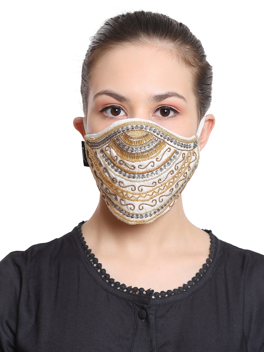Anekaant Women White & Gold  3-Ply Art Silk Embellished Fabric Fashion Mask Price in India