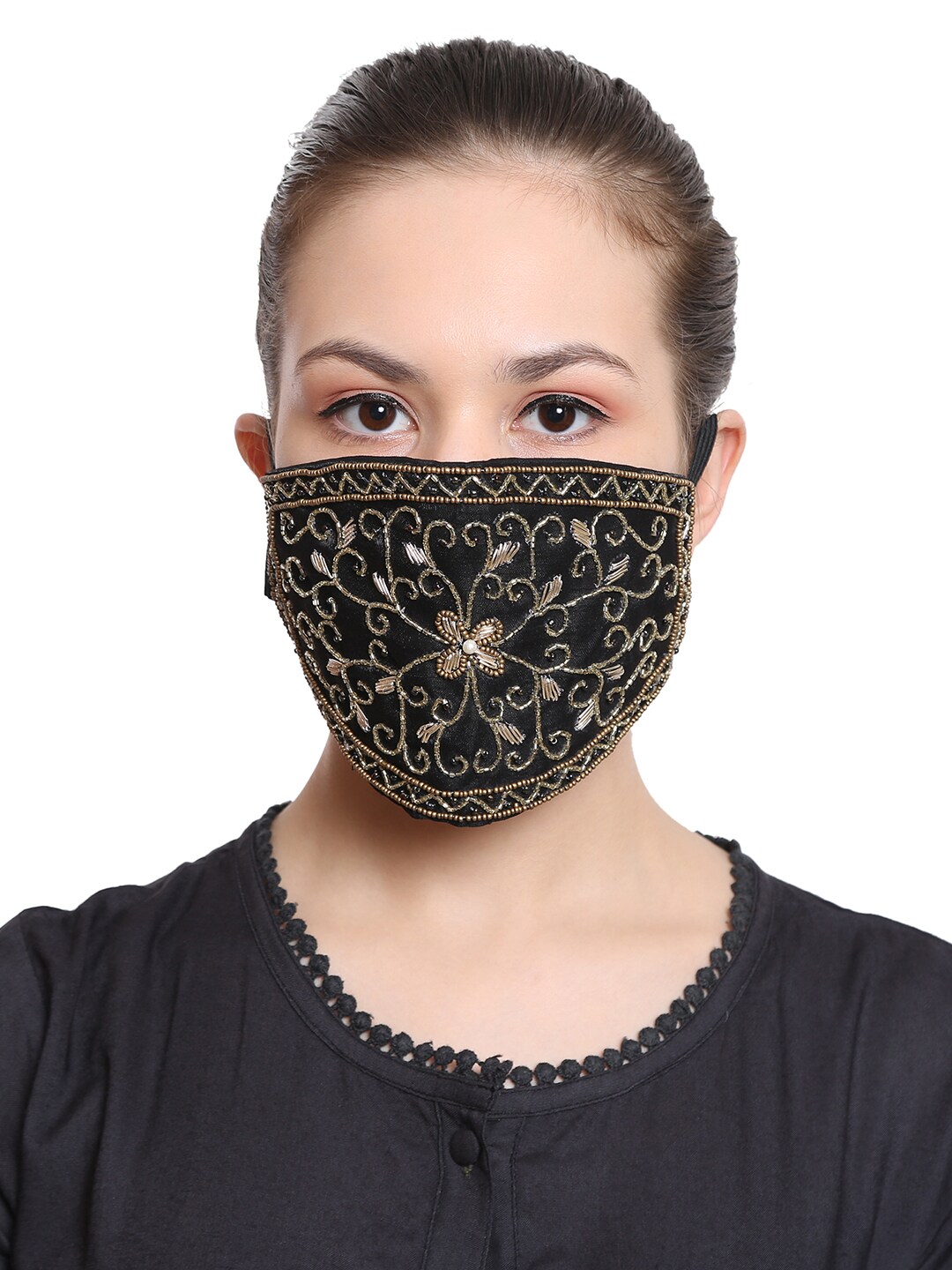 Anekaant Women Single 3-Ply Black & Copper-Toned Reusable Embellished Fashion Mask Price in India