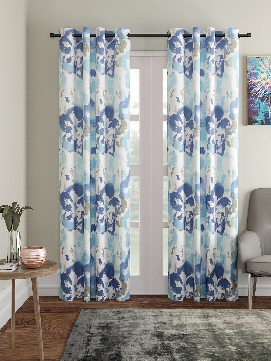 Soumya Blue & White Printed Room Darkening Long Door Curtain Price in India