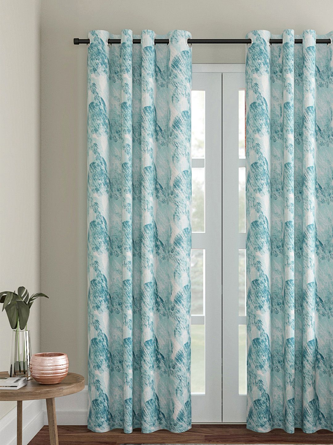 Soumya Turquoise Blue & White Single Room Darkening Long Door Curtain Price in India