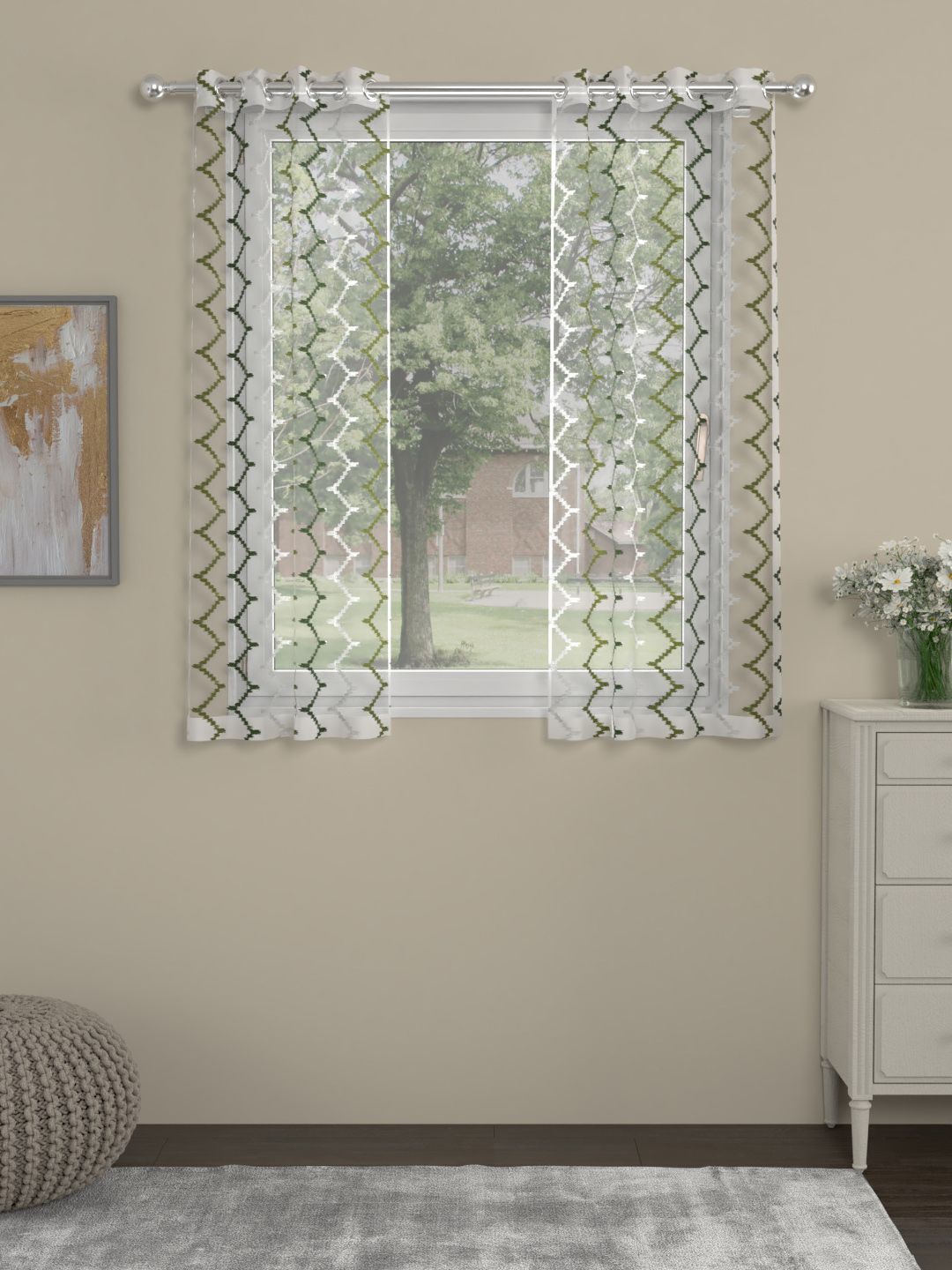 ROSARA HOME Green & White Single Sheer Window Curtain Price in India