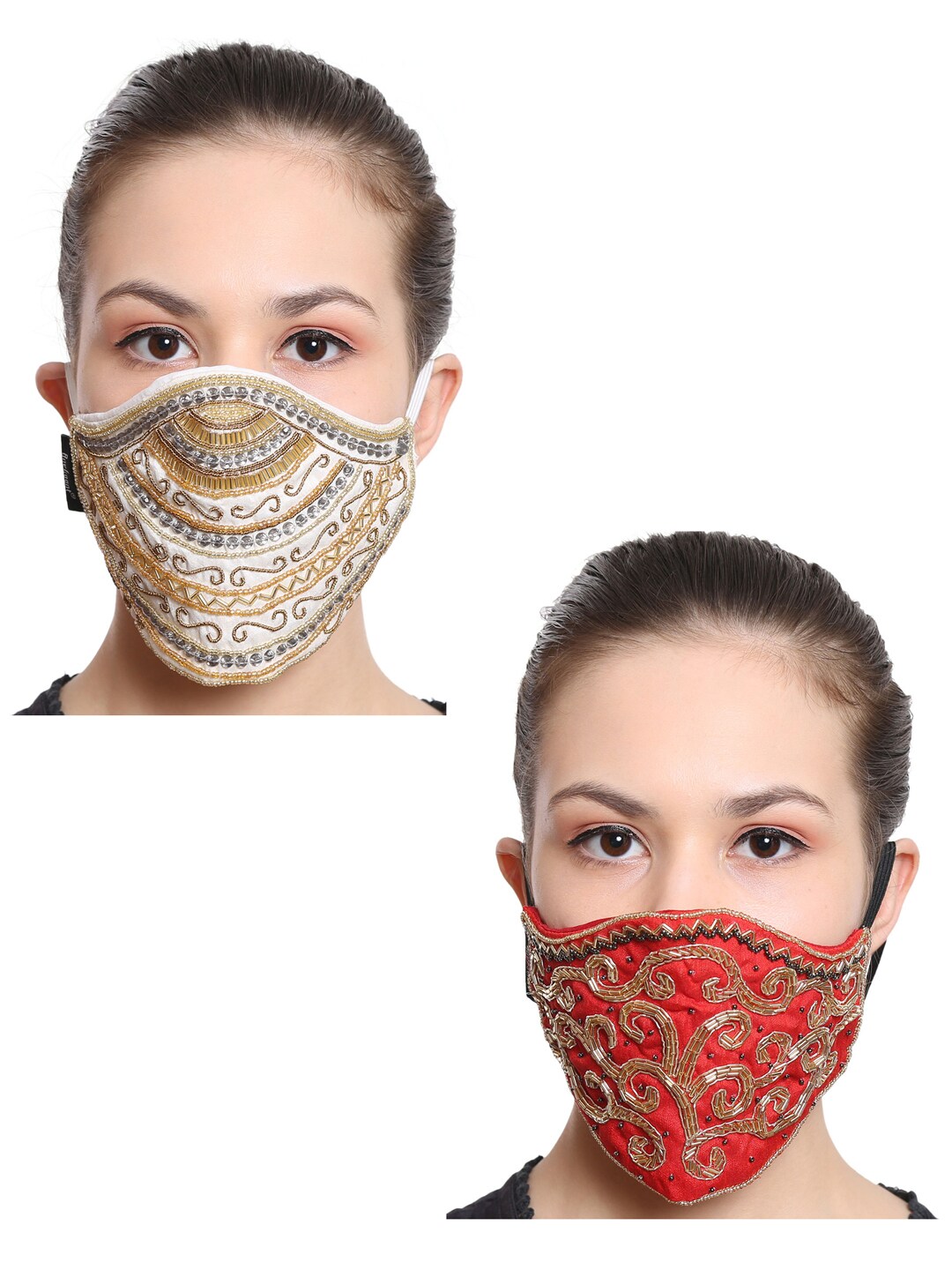Anekaant Women Pack Of 2 3-Ply Reusable Art Silk Embellished Fabric Fashion Mask Price in India