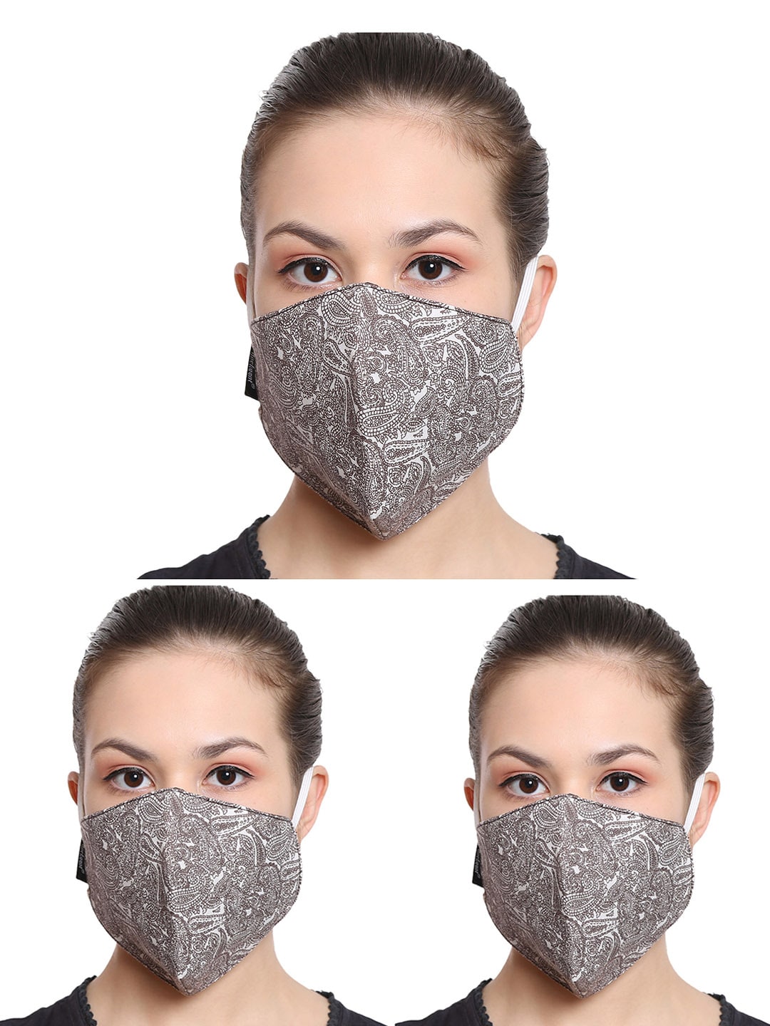 Anekaant Women Pack Of 3 Brown & White 3-Ply Fabric Fashion Masks Price in India