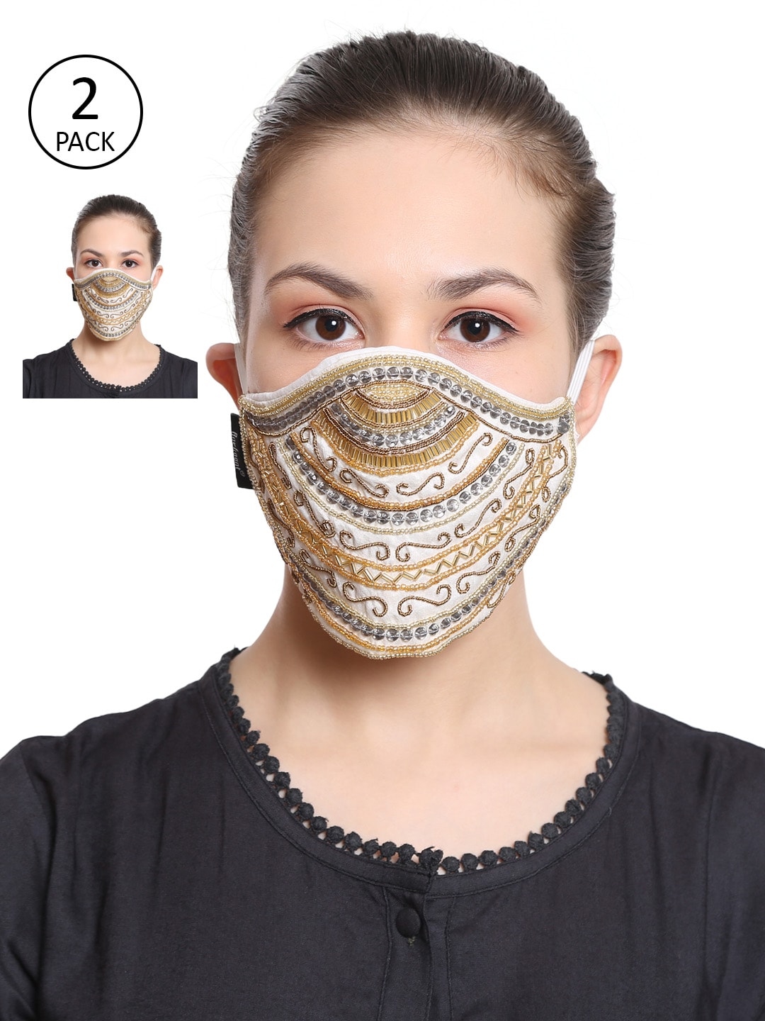 Anekaant Women 2 Pcs White & Gold-Coloured Embellished 3-Ply Cloth Masks Price in India