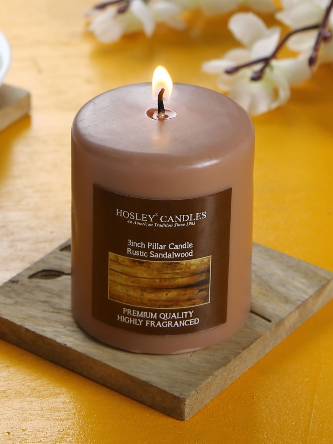 HOSLEY Brown Rustic Sandalwood Highly Fragranced Pillar Candle Price in India