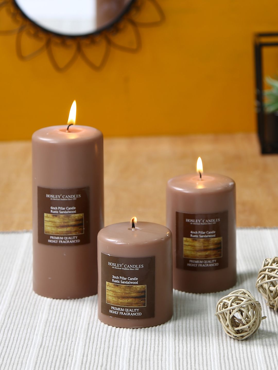 HOSLEY Set Of 3 Brown Rustic Sandalwood Highly Fragranced Pillar Candles Price in India